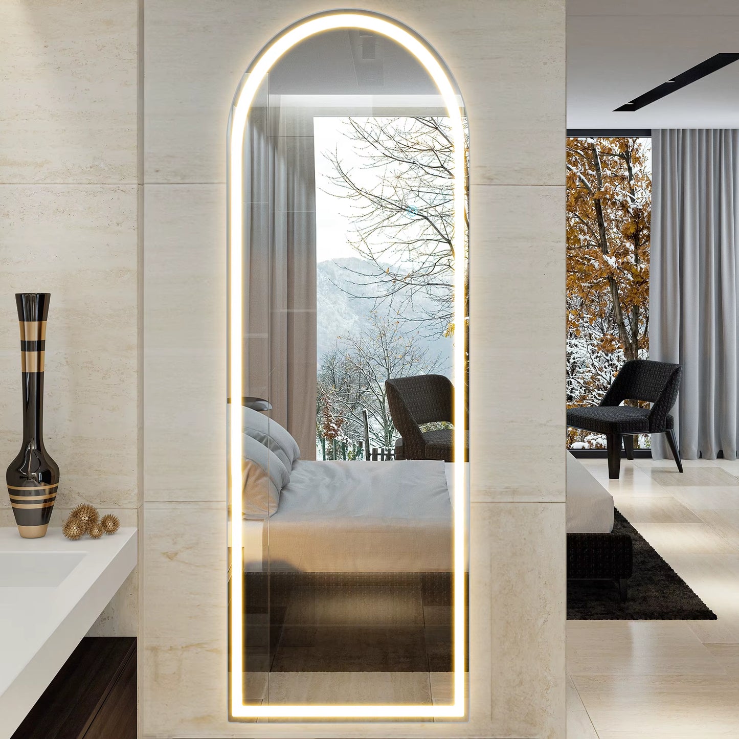 63"X20" Led Full Length Mirror 3 Color Lighting Dimming Aluminum Alloy Frame Standing Hanging Floor Mirrors for Living Room