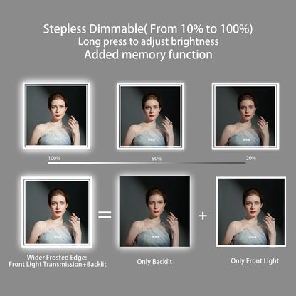 Square Backlit LED Mirror Dimmable Illuminated Bathroom Vanity Mirrors Anti-Fog 3500K-6500K Smart Memory