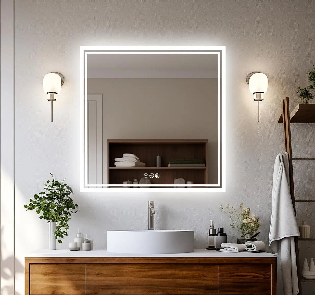 Square Backlit LED Mirror Dimmable Illuminated Bathroom Vanity Mirrors Anti-Fog 3500K-6500K Smart Memory