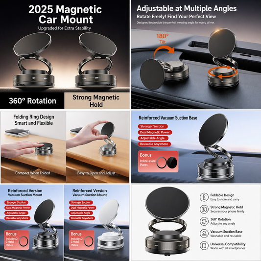 Magnetic Car Phone Mount – 360° Rotation, Strong Vacuum Suction, Foldable Design (2025 Upgraded)