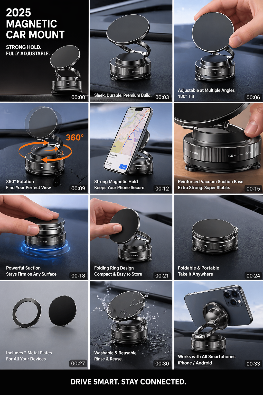 Magnetic Car Phone Mount – 360° Rotation, Strong Vacuum Suction, Foldable Design (2025 Upgraded)