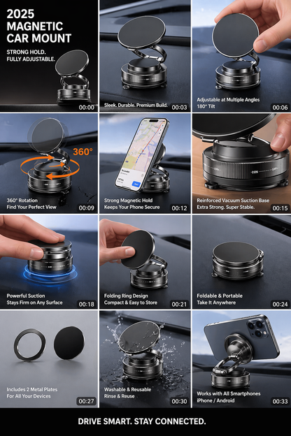 Magnetic Car Phone Mount – 360° Rotation, Strong Vacuum Suction, Foldable Design (2025 Upgraded)