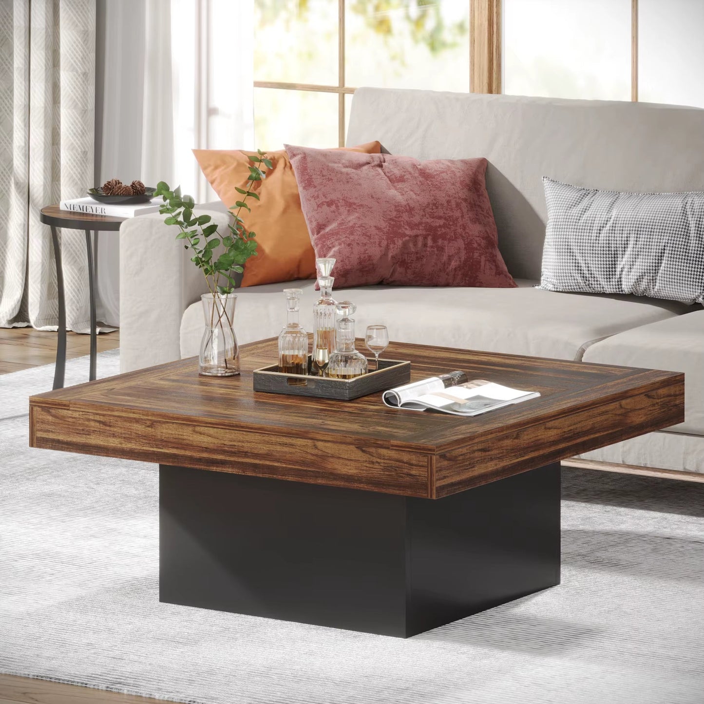 Coffee Table Square LED Coffee Table Engineered Wood Low Coffee Table for Living Room Rustic Brown & Black
