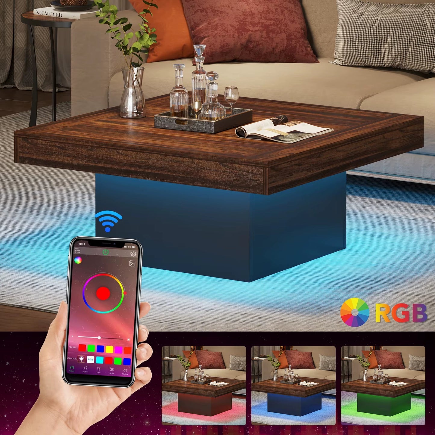 Coffee Table Square LED Coffee Table Engineered Wood Low Coffee Table for Living Room Rustic Brown & Black