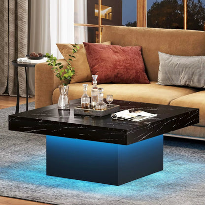 Coffee Table Square LED Coffee Table Engineered Wood Low Coffee Table for Living Room Rustic Brown & Black