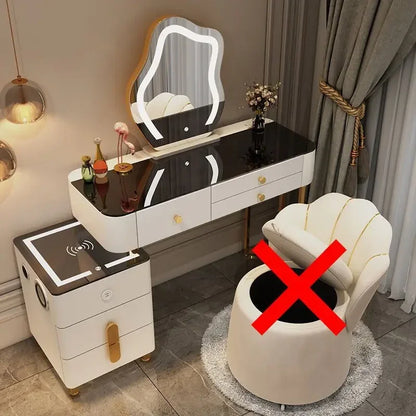 Nordic Glass Luxury Dressing Table with Smart Wireless Charging Bedroom Vanity Nightstand Makeup Table with Cloud Mirror Dresser