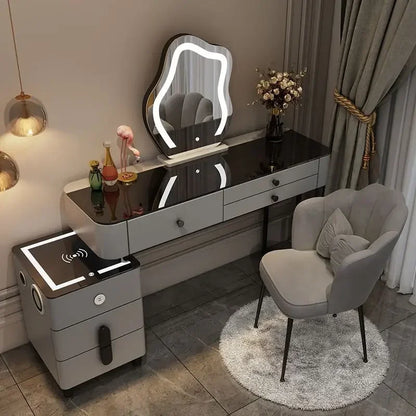 Nordic Glass Luxury Dressing Table with Smart Wireless Charging Bedroom Vanity Nightstand Makeup Table with Cloud Mirror Dresser