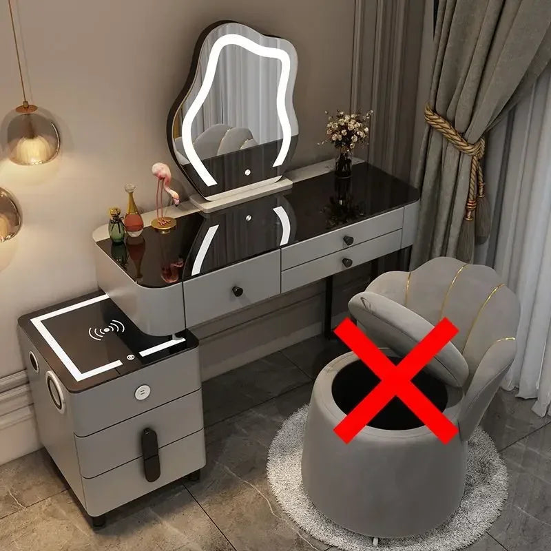 Nordic Glass Luxury Dressing Table with Smart Wireless Charging Bedroom Vanity Nightstand Makeup Table with Cloud Mirror Dresser