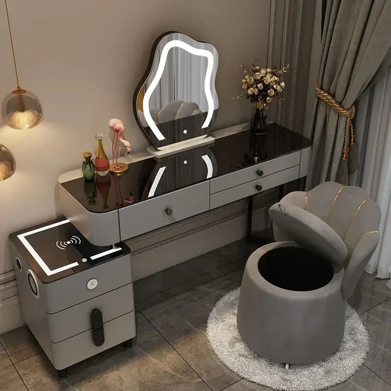Nordic Glass Luxury Dressing Table with Smart Wireless Charging Bedroom Vanity Nightstand Makeup Table with Cloud Mirror Dresser