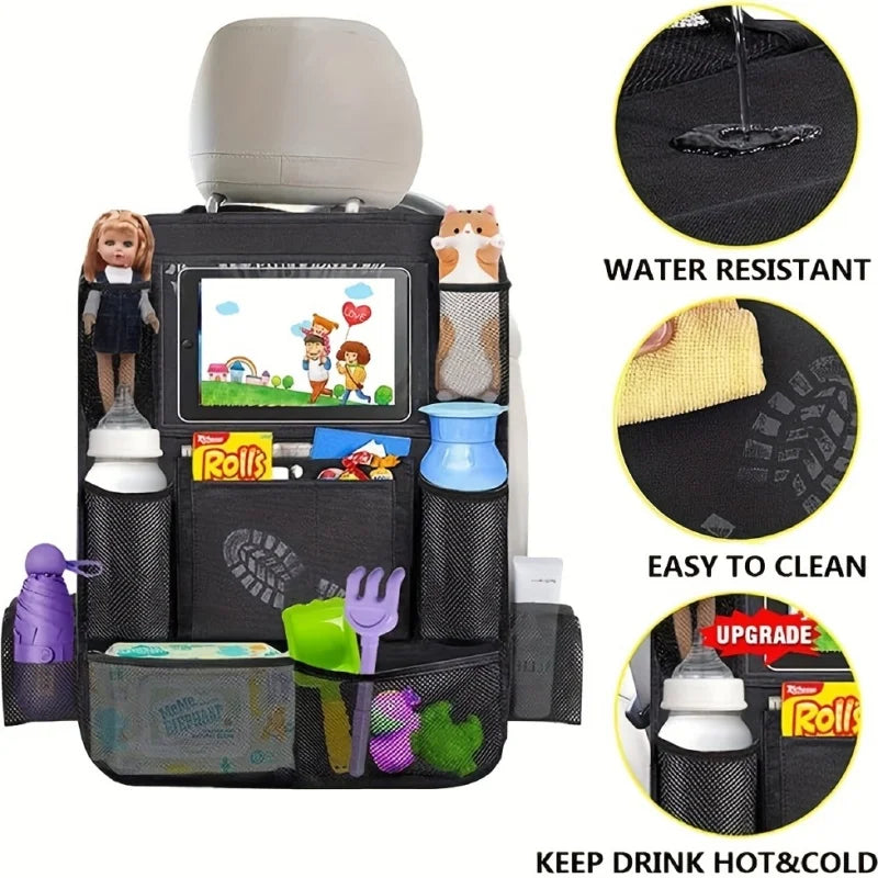 Car Back Seat Organisers Carrying Multi-Pockets Oxford Cloth Car Waterproof Backseat Organizer with Touch Screen Tablet Holder