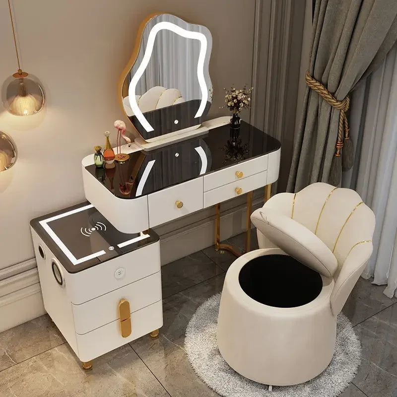 Nordic Glass Luxury Dressing Table with Smart Wireless Charging Bedroom Vanity Nightstand Makeup Table with Cloud Mirror Dresser