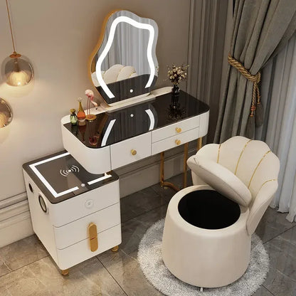 Nordic Glass Luxury Dressing Table with Smart Wireless Charging Bedroom Vanity Nightstand Makeup Table with Cloud Mirror Dresser