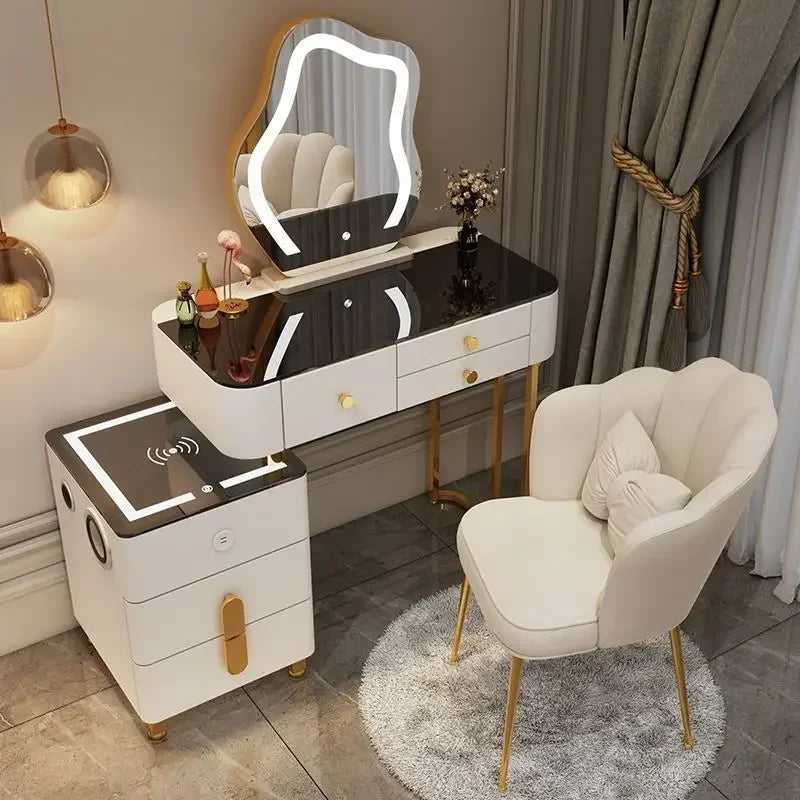 Nordic Glass Luxury Dressing Table with Smart Wireless Charging Bedroom Vanity Nightstand Makeup Table with Cloud Mirror Dresser