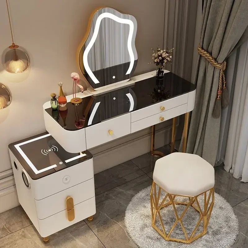 Nordic Glass Luxury Dressing Table with Smart Wireless Charging Bedroom Vanity Nightstand Makeup Table with Cloud Mirror Dresser