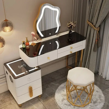 Nordic Glass Luxury Dressing Table with Smart Wireless Charging Bedroom Vanity Nightstand Makeup Table with Cloud Mirror Dresser