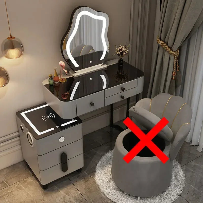 Nordic Glass Luxury Dressing Table with Smart Wireless Charging Bedroom Vanity Nightstand Makeup Table with Cloud Mirror Dresser
