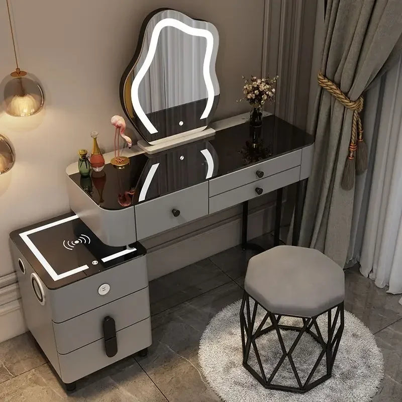 Nordic Glass Luxury Dressing Table with Smart Wireless Charging Bedroom Vanity Nightstand Makeup Table with Cloud Mirror Dresser