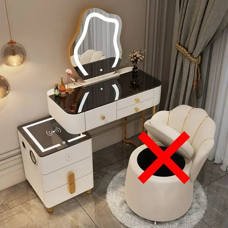Nordic Glass Luxury Dressing Table with Smart Wireless Charging Bedroom Vanity Nightstand Makeup Table with Cloud Mirror Dresser