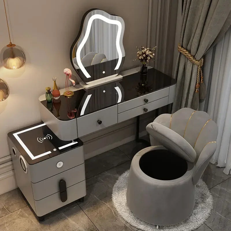 Nordic Glass Luxury Dressing Table with Smart Wireless Charging Bedroom Vanity Nightstand Makeup Table with Cloud Mirror Dresser