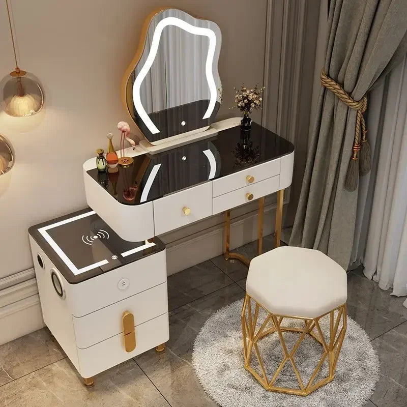 Nordic Glass Luxury Dressing Table with Smart Wireless Charging Bedroom Vanity Nightstand Makeup Table with Cloud Mirror Dresser