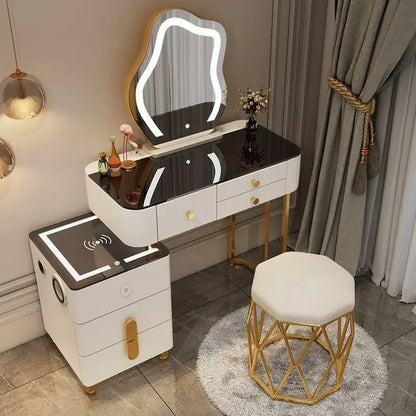 Nordic Glass Luxury Dressing Table with Smart Wireless Charging Bedroom Vanity Nightstand Makeup Table with Cloud Mirror Dresser
