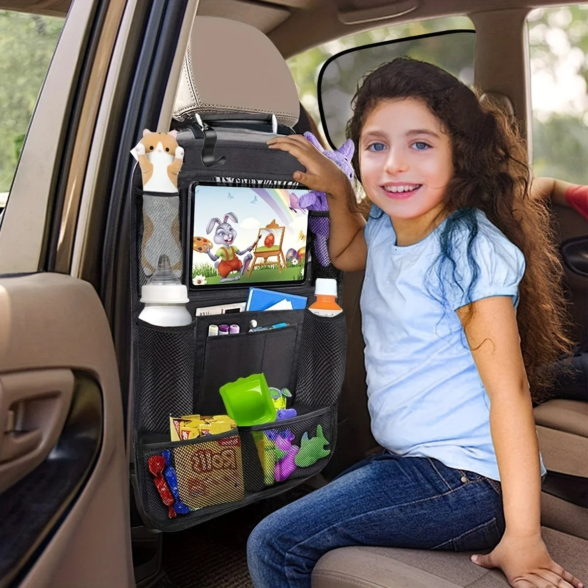Car Back Seat Organisers Carrying Multi-Pockets Oxford Cloth Car Waterproof Backseat Organizer with Touch Screen Tablet Holder
