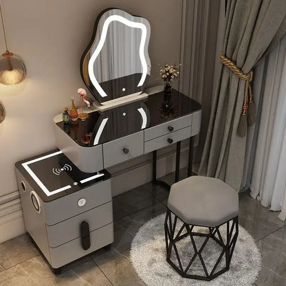 Nordic Glass Luxury Dressing Table with Smart Wireless Charging Bedroom Vanity Nightstand Makeup Table with Cloud Mirror Dresser
