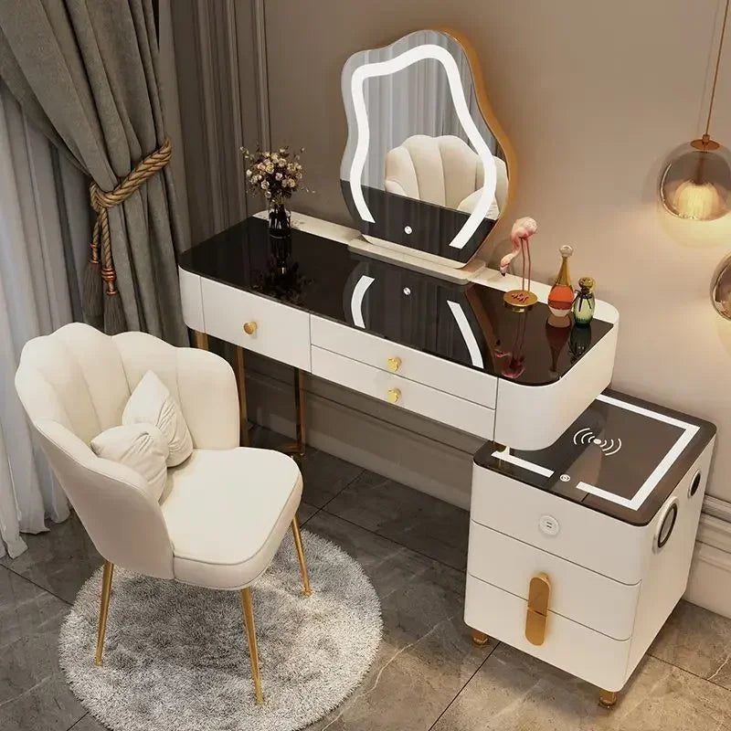 Nordic Glass Luxury Dressing Table with Smart Wireless Charging Bedroom Vanity Nightstand Makeup Table with Cloud Mirror Dresser