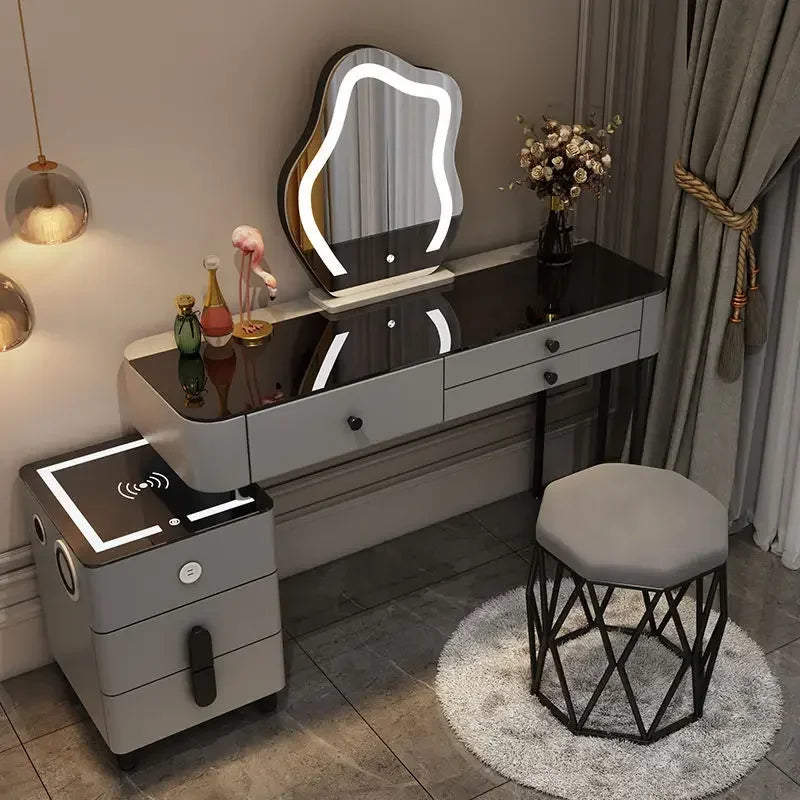 Nordic Glass Luxury Dressing Table with Smart Wireless Charging Bedroom Vanity Nightstand Makeup Table with Cloud Mirror Dresser