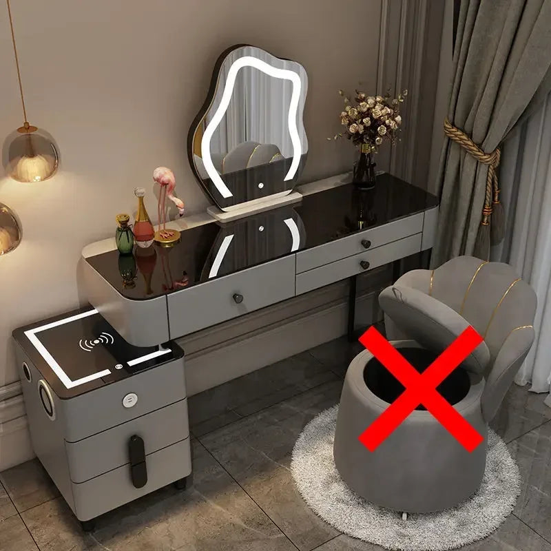 Nordic Glass Luxury Dressing Table with Smart Wireless Charging Bedroom Vanity Nightstand Makeup Table with Cloud Mirror Dresser