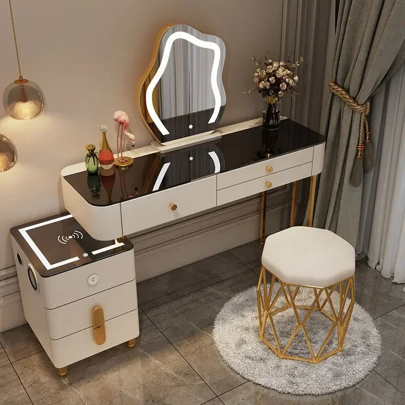 Nordic Glass Luxury Dressing Table with Smart Wireless Charging Bedroom Vanity Nightstand Makeup Table with Cloud Mirror Dresser