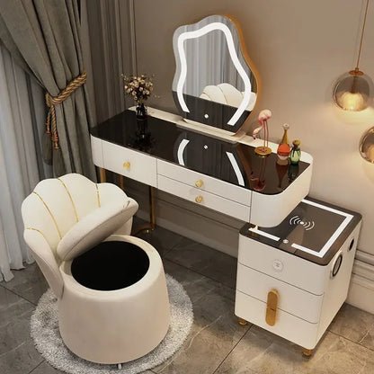 Nordic Glass Luxury Dressing Table with Smart Wireless Charging Bedroom Vanity Nightstand Makeup Table with Cloud Mirror Dresser