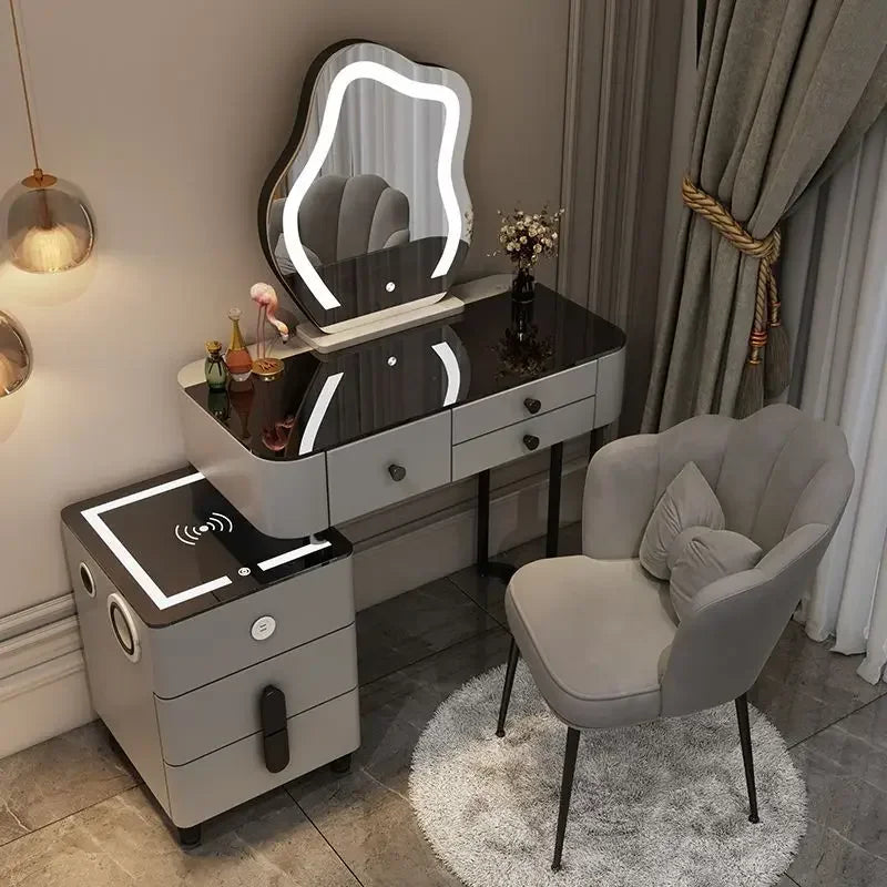 Nordic Glass Luxury Dressing Table with Smart Wireless Charging Bedroom Vanity Nightstand Makeup Table with Cloud Mirror Dresser
