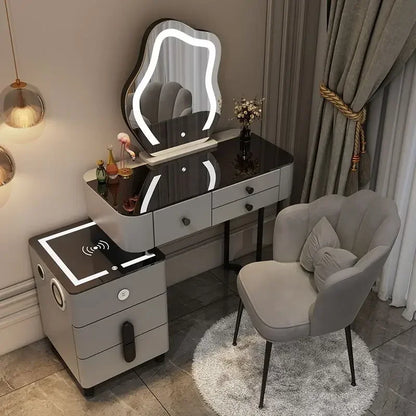 Nordic Glass Luxury Dressing Table with Smart Wireless Charging Bedroom Vanity Nightstand Makeup Table with Cloud Mirror Dresser