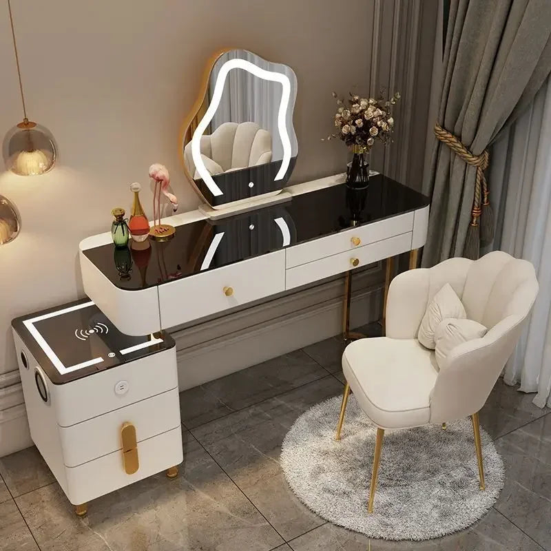 Nordic Glass Luxury Dressing Table with Smart Wireless Charging Bedroom Vanity Nightstand Makeup Table with Cloud Mirror Dresser