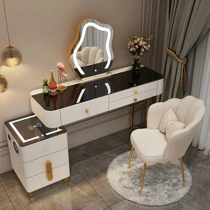 Nordic Glass Luxury Dressing Table with Smart Wireless Charging Bedroom Vanity Nightstand Makeup Table with Cloud Mirror Dresser