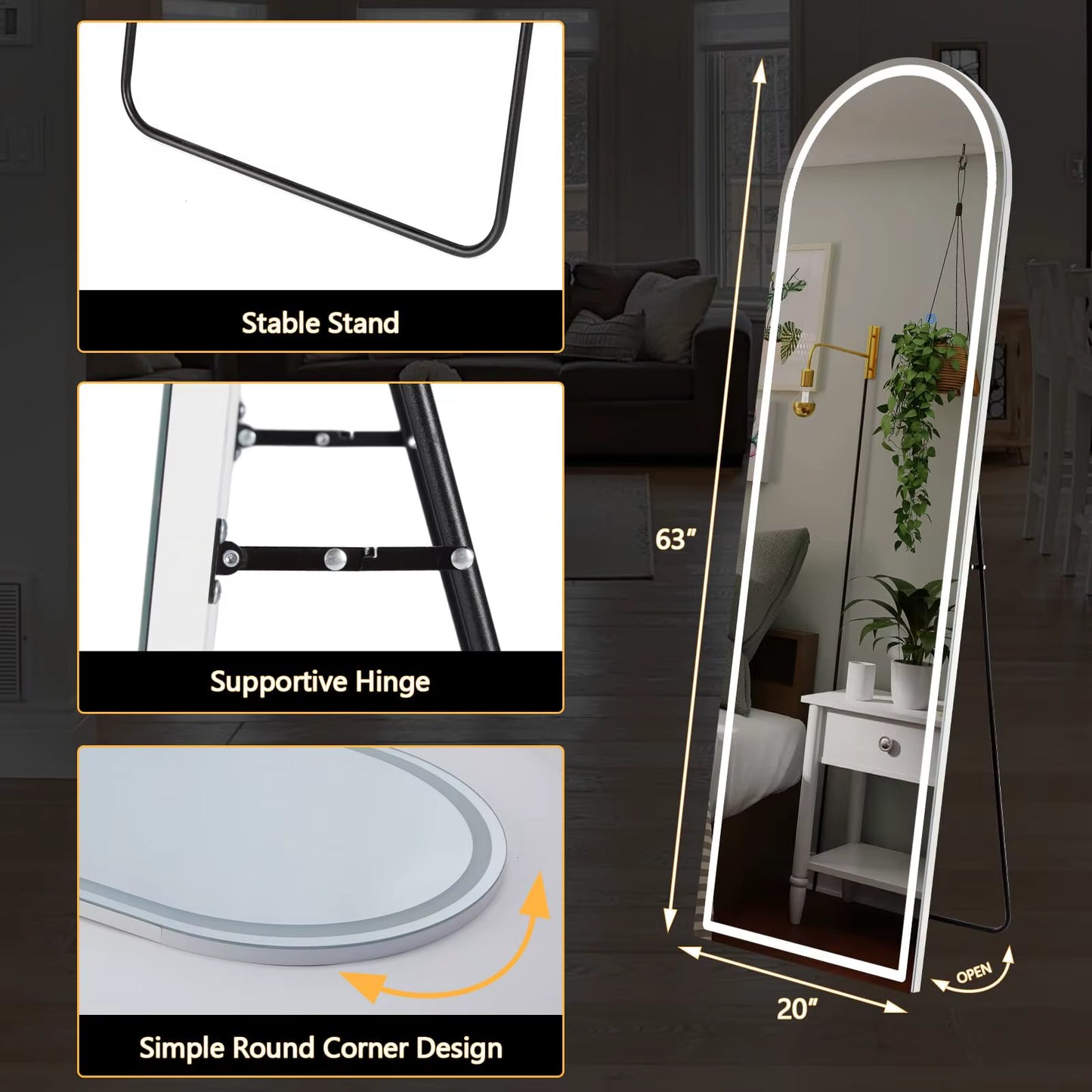 63"X20" Led Full Length Mirror 3 Color Lighting Dimming Aluminum Alloy Frame Standing Hanging Floor Mirrors for Living Room
