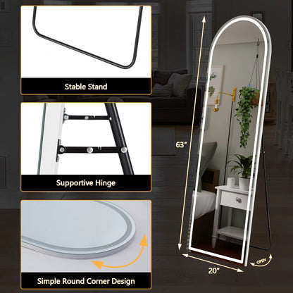 63"X20" Led Full Length Mirror 3 Color Lighting Dimming Aluminum Alloy Frame Standing Hanging Floor Mirrors for Living Room