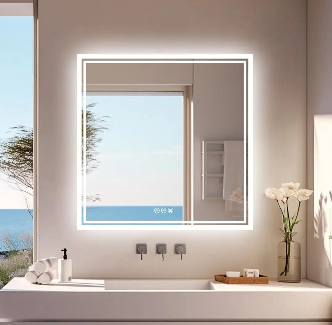 Square Backlit LED Mirror Dimmable Illuminated Bathroom Vanity Mirrors Anti-Fog 3500K-6500K Smart Memory