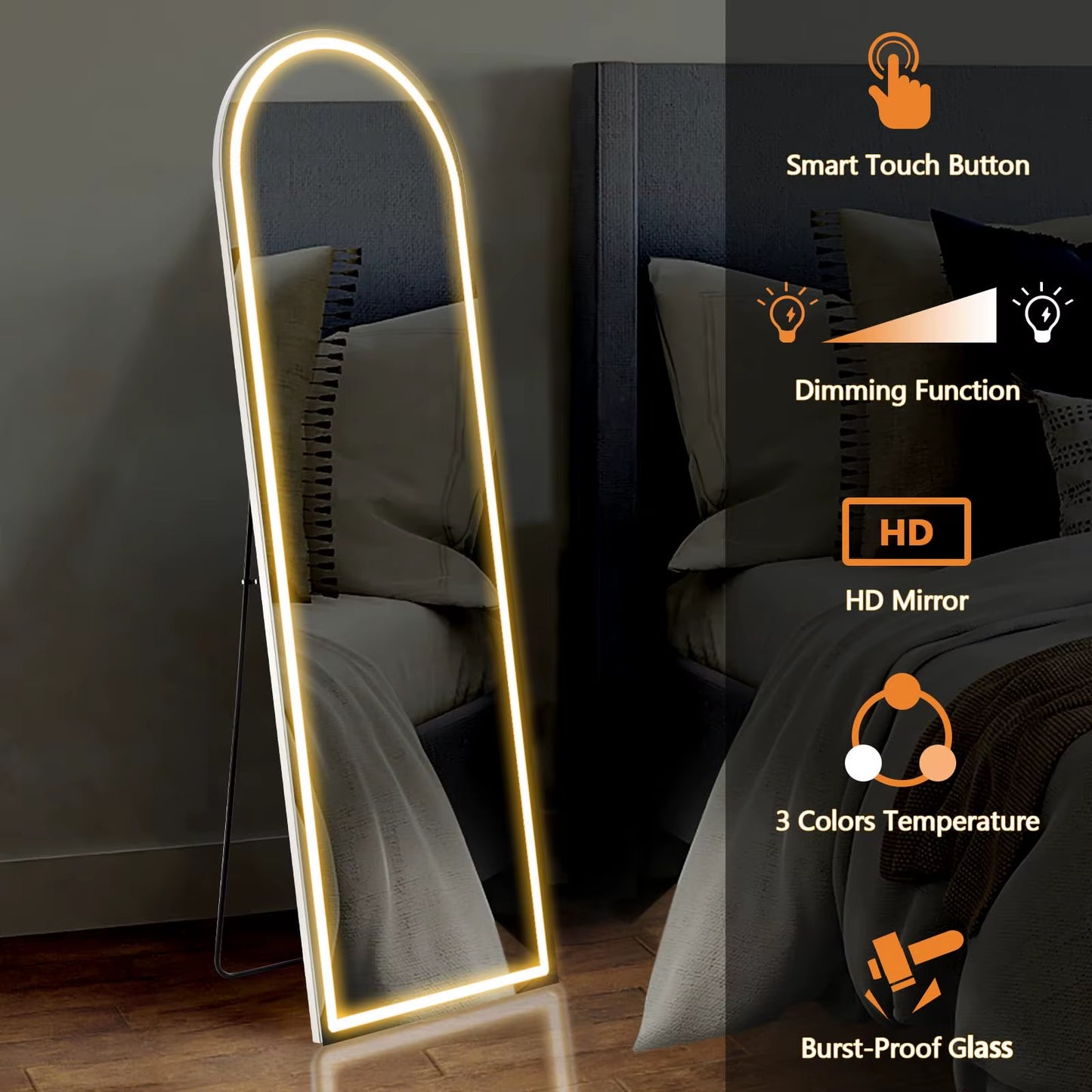 63"X20" Led Full Length Mirror 3 Color Lighting Dimming Aluminum Alloy Frame Standing Hanging Floor Mirrors for Living Room