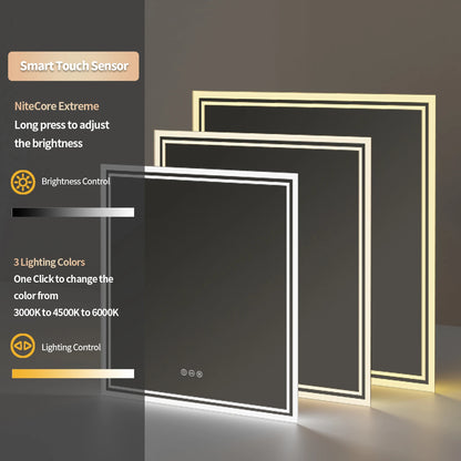 Square Backlit LED Mirror Dimmable Illuminated Bathroom Vanity Mirrors Anti-Fog 3500K-6500K Smart Memory
