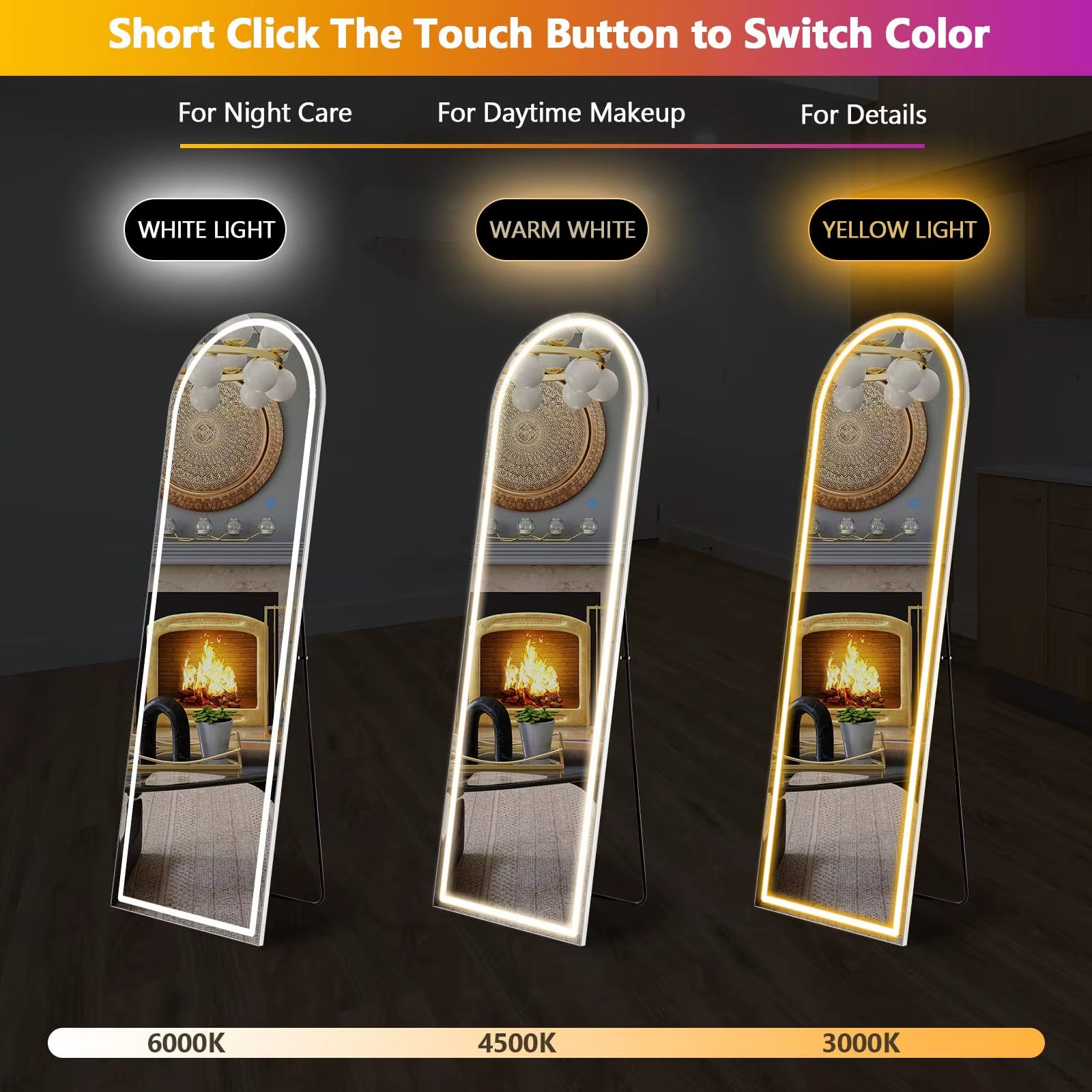 63"X20" Led Full Length Mirror 3 Color Lighting Dimming Aluminum Alloy Frame Standing Hanging Floor Mirrors for Living Room